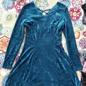 Teal crushed velvet A-line skater dress